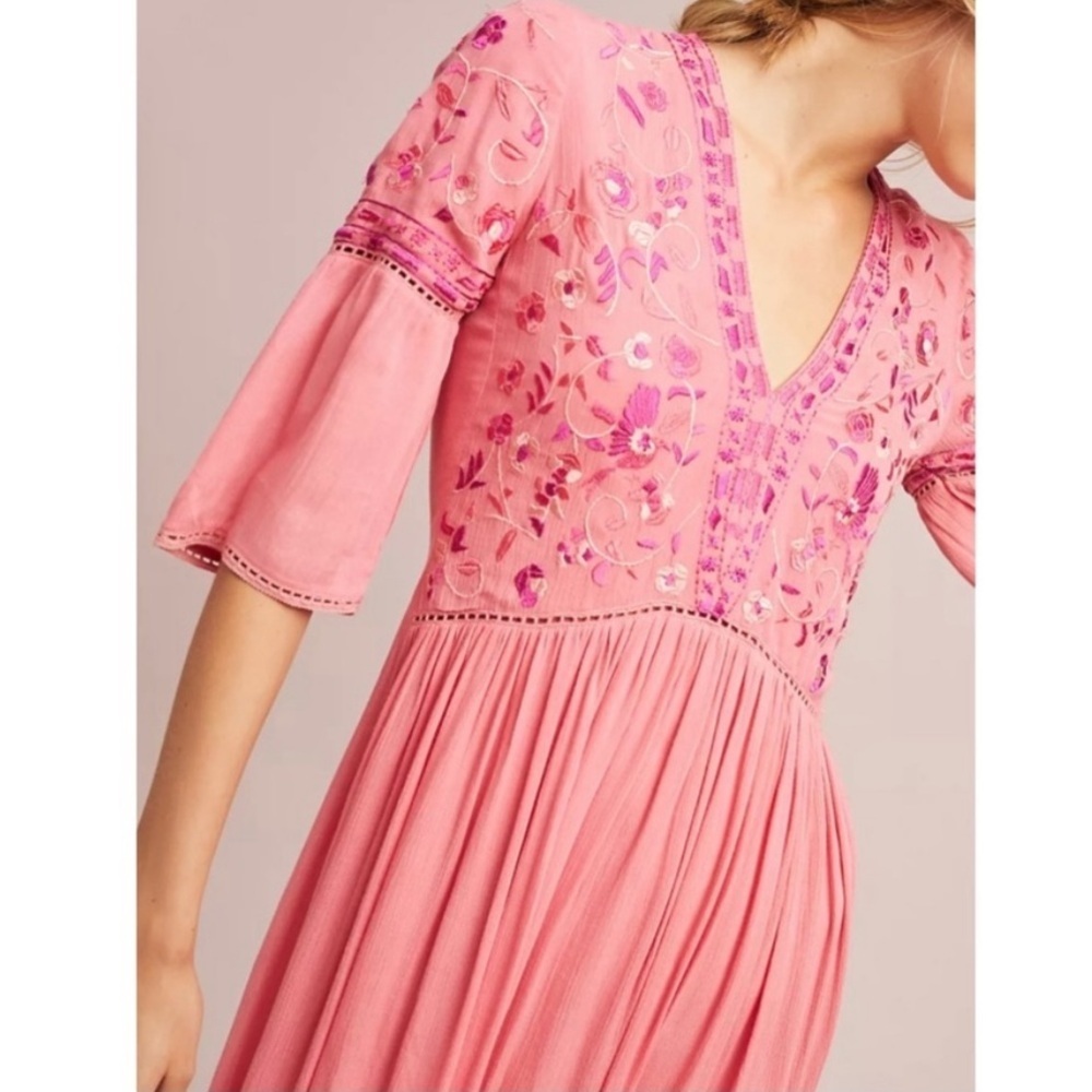 Anthropologie Blank London Embroidered Maxi Dress Boho Pink Festival Size M